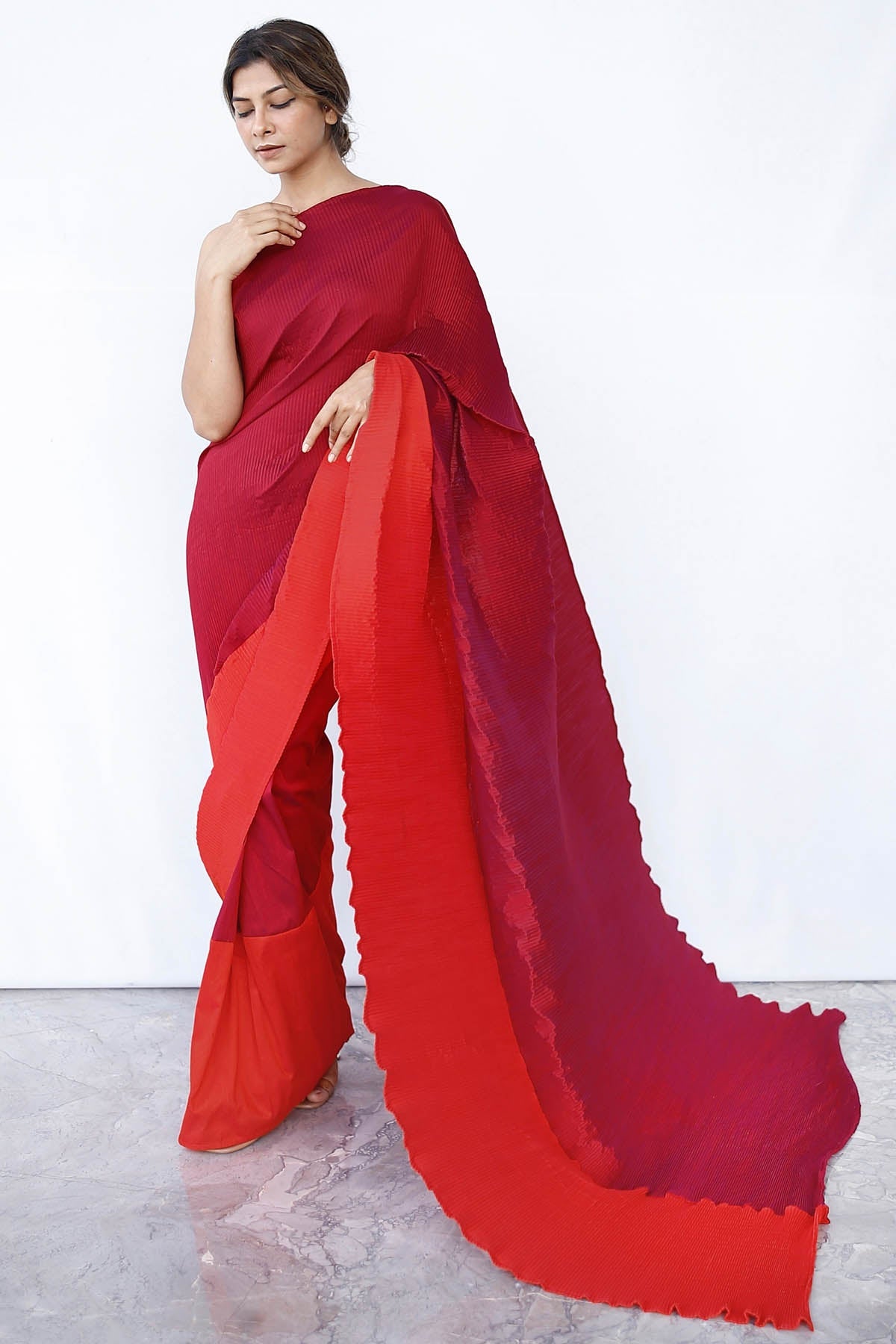 Buy Twilight Sky Red Silk Drape Saree For Women's available at ScrollnShops